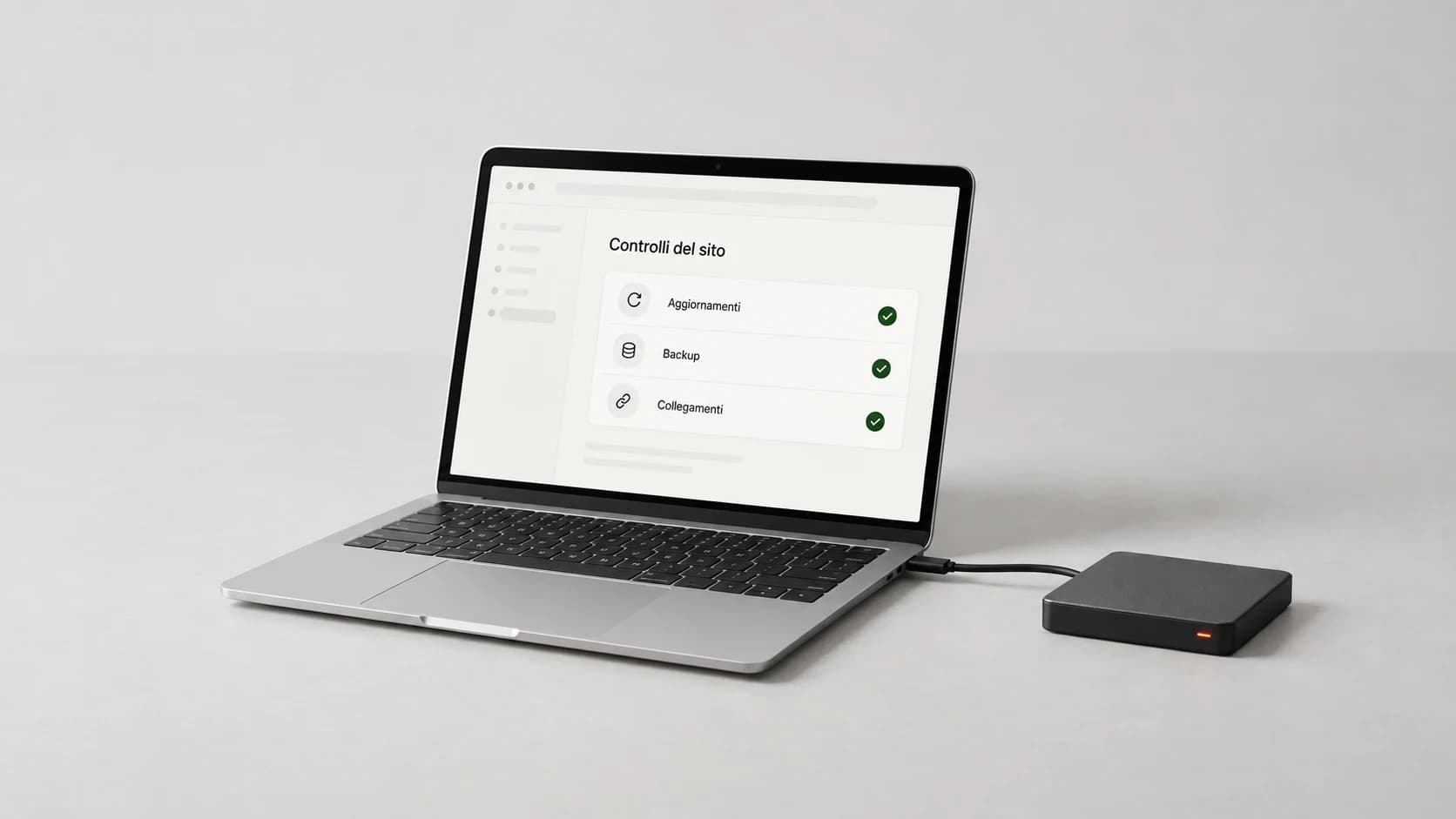 Mockup di un portatile con controlli del sito e unità di backup