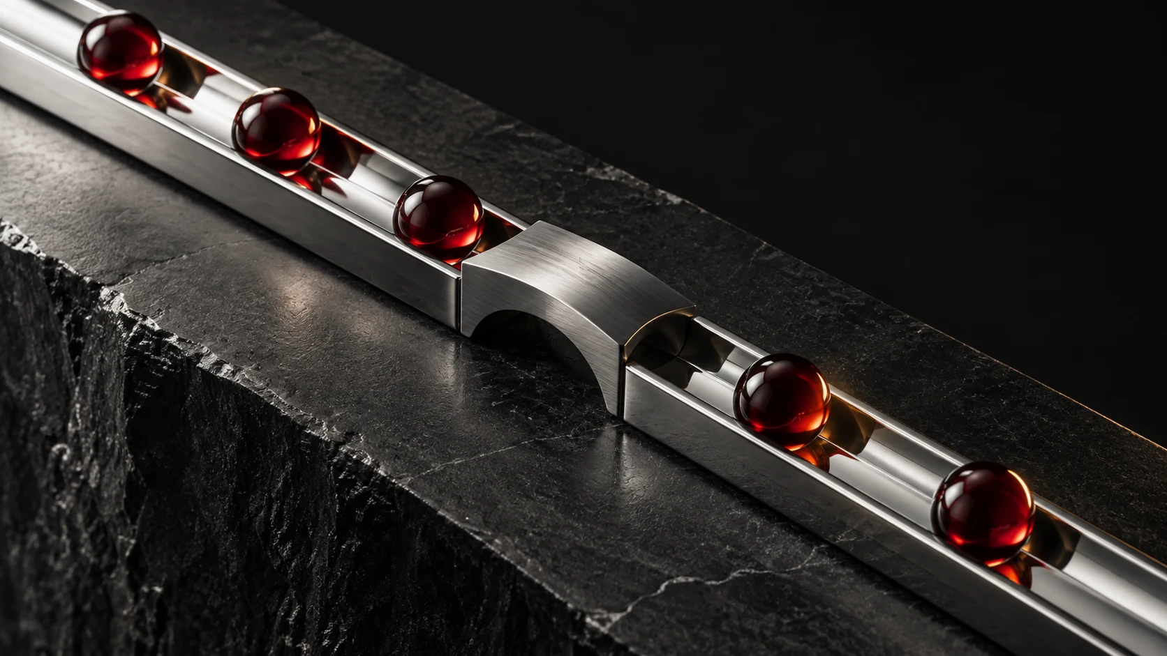 Un ponte in metallo ripara un canale cromato lungo cui scorrono sfere di vetro rosso