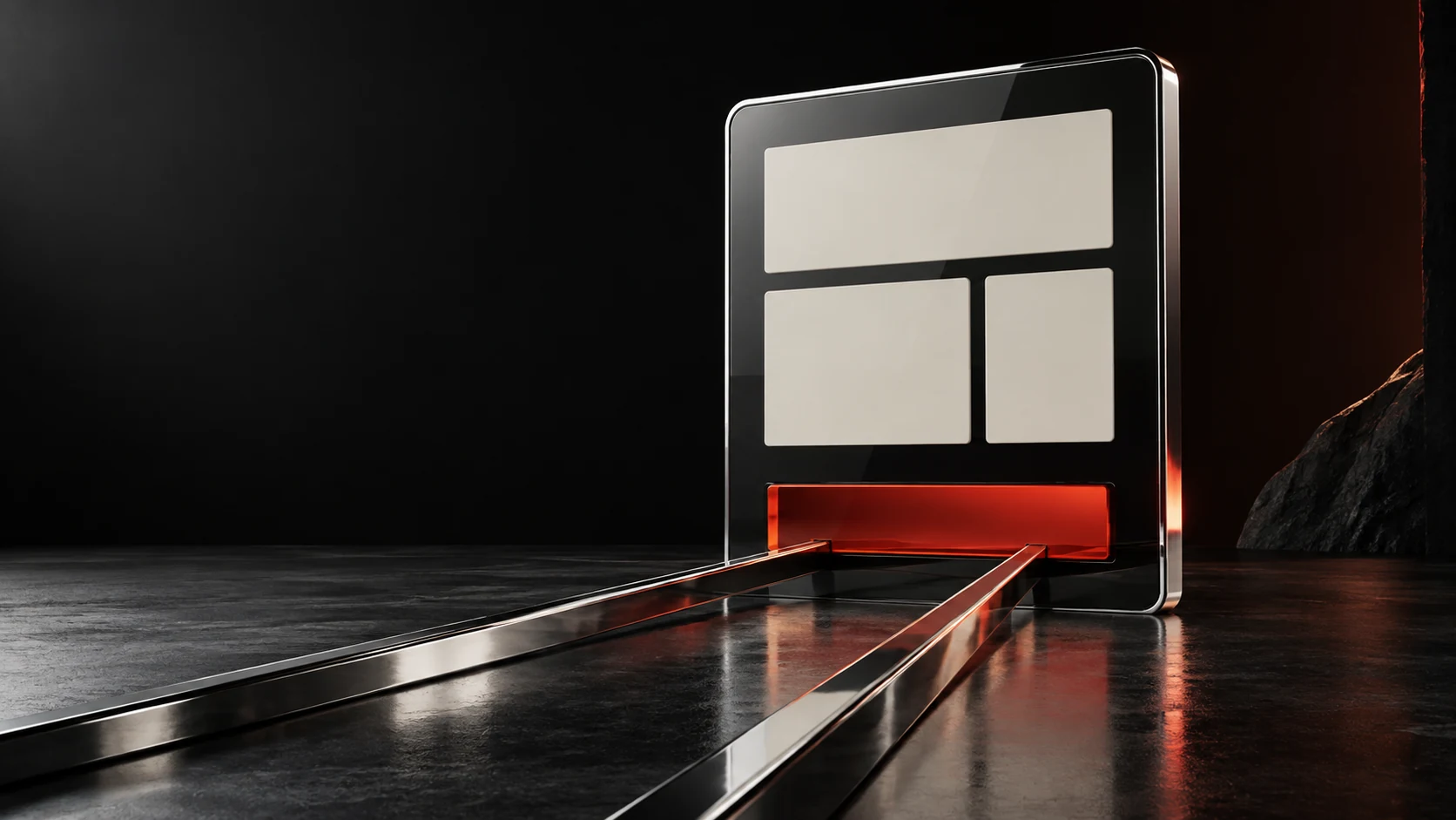 Landing page rappresentata da un pannello in vetro scuro con un unico pulsante rosso e guide cromate