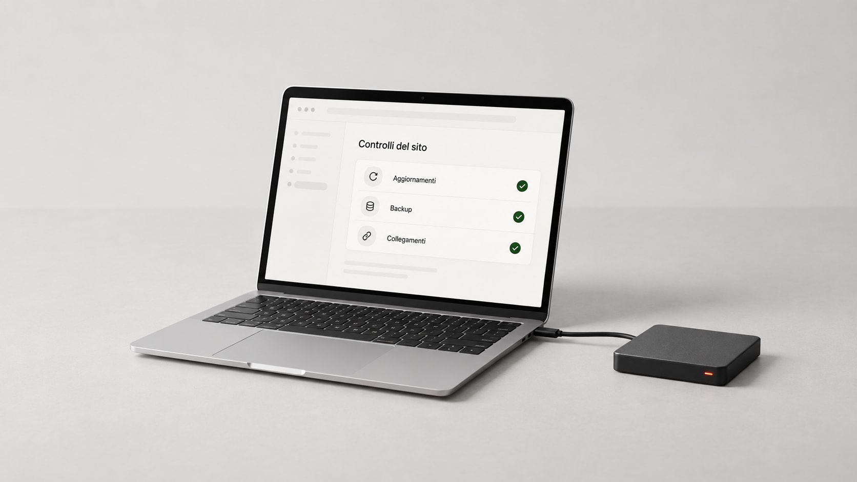 Mockup di un portatile con controlli del sito e unità di backup