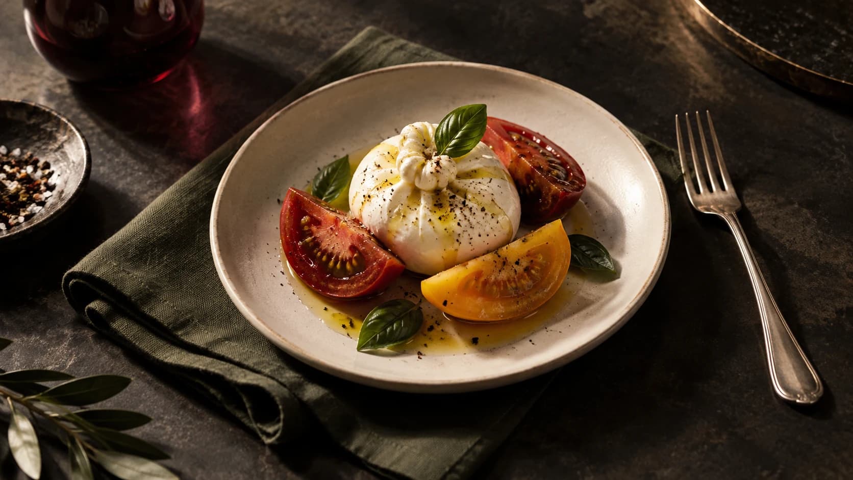 Illustrazione fotografica di burrata, pomodori e basilico su un piatto avorio con tovagliolo verde scuro
